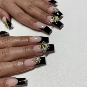 Press on Nails Medium Long Coffin French Tips Black Fake Nails with 3D Gold Alloy Charms Glue on Nails for Women Girls Acrylic False Stick on Nail Manicure Decorations for Wedding 24Pcs