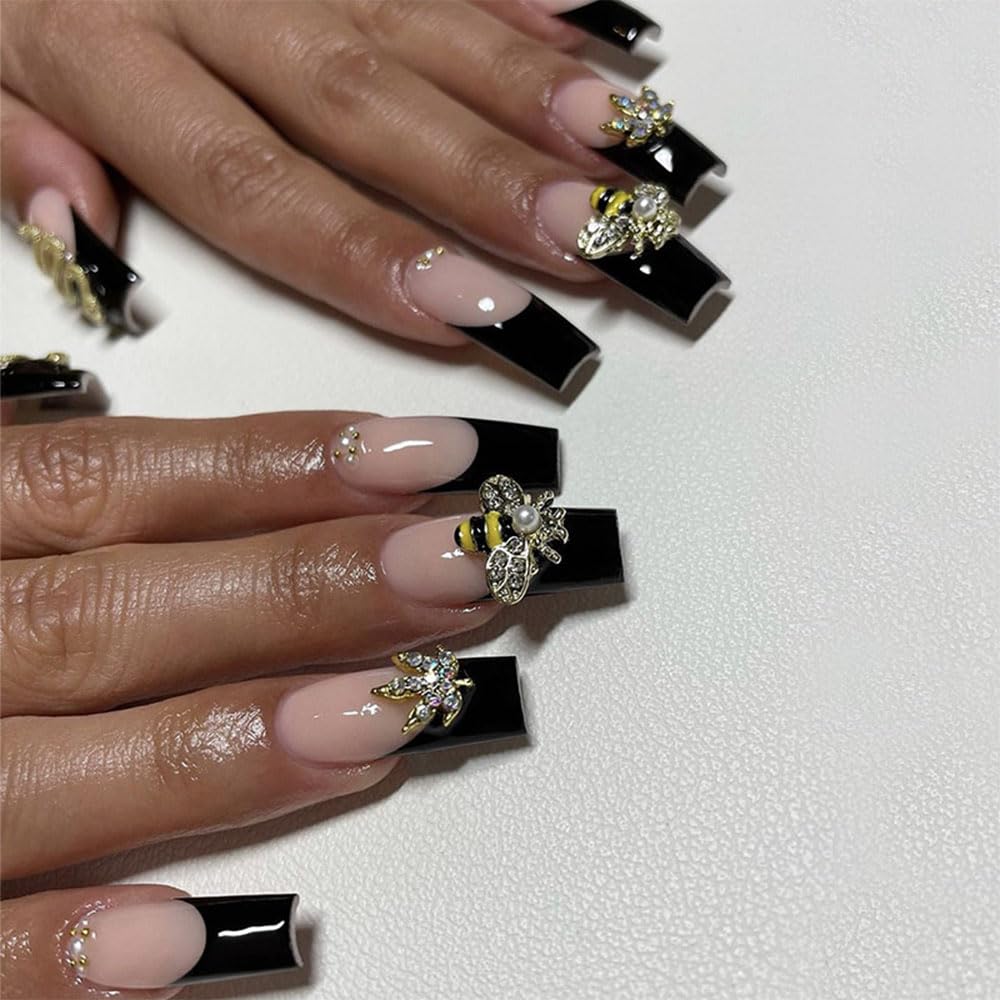 Press on Nails Medium Long Coffin French Tips Black Fake Nails with 3D Gold Alloy Charms Glue on Nails for Women Girls Acrylic False Stick on Nail Manicure Decorations for Wedding 24Pcs