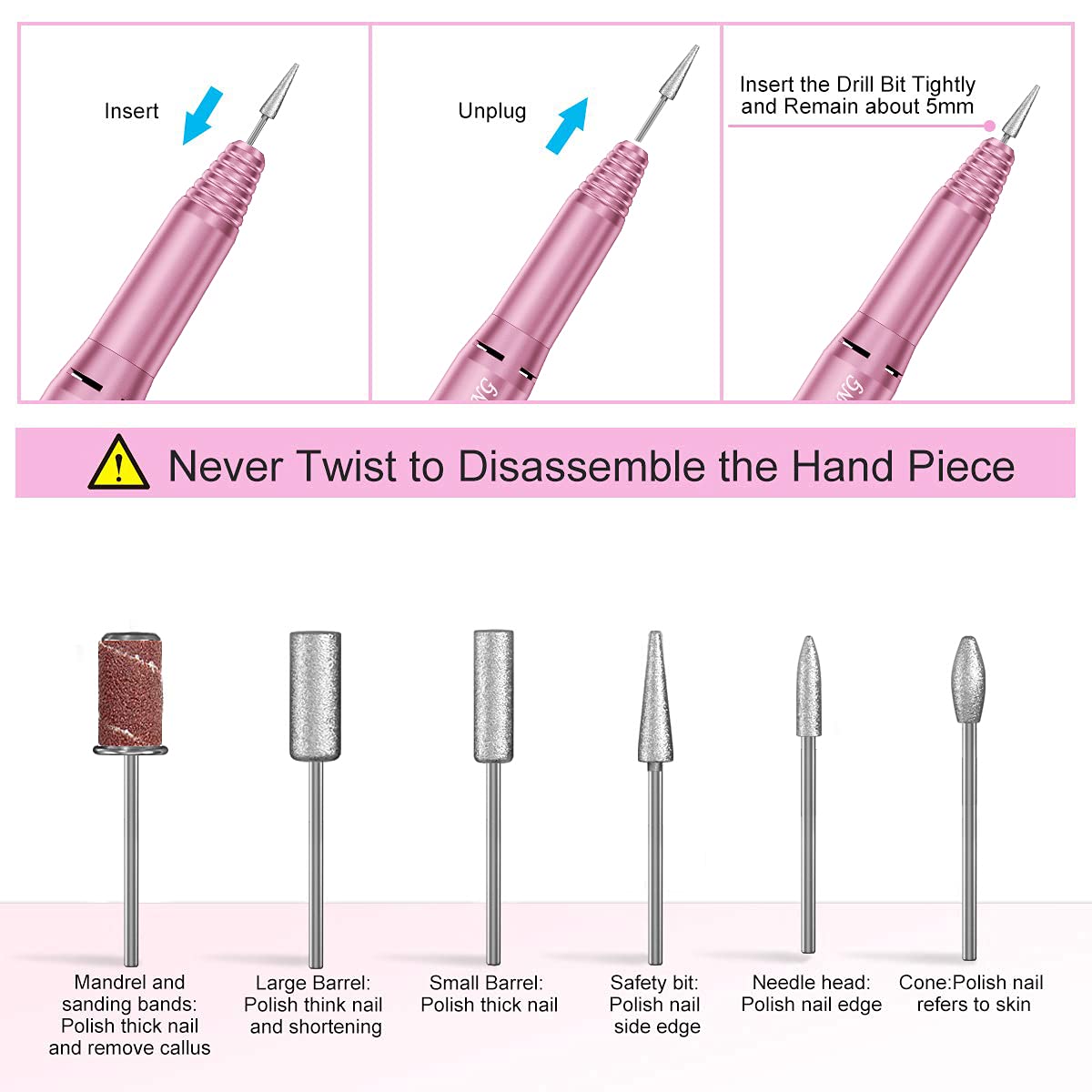 Pink Professional 20000 RPM Electric Nail Drill Kit Acrylic Gel Manicure Polish Remover with Sanding Bands - Image 9