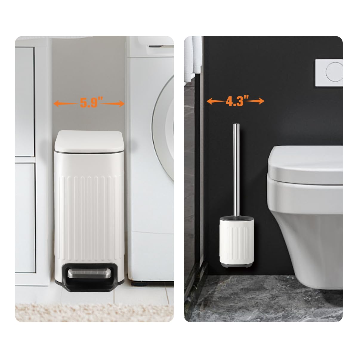 Bathroom Trash Can with Toilet Brush - 1.6 Gallon Slim Stainless Steel Garbage Can, Small Wastebasket for Bathroom, Office, Bedroom, Silicone Toilet Brush Included, White - Image 2