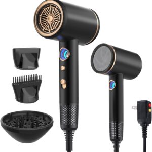 Professional Hair Dryer,1875 Watt High-Speed Ionic Blow Dryer with Diffuser/Concentrator/Comb Nozzle,LED Temp Display,Intelligent Temp Control,Low Noise for Home Salon Travel (Black)
