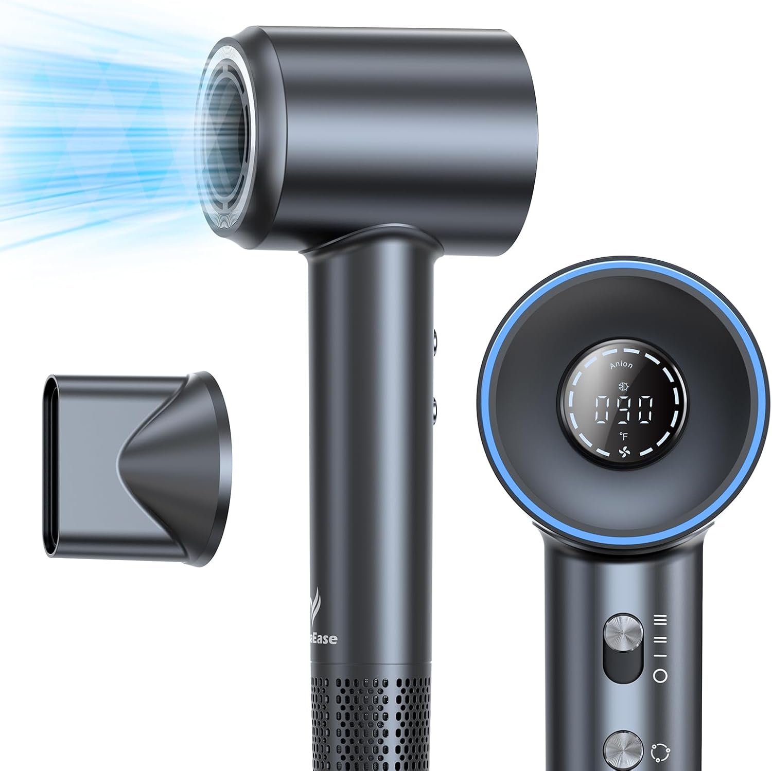 Hair Dryer, 160000 RPM Professional High Speed Ionic Blow Dryer for Fast Drying, 5 Temps Quiet Hair Dryer with HD Display for Women, Low Noise Blow Dryer for Home Salon-Grey