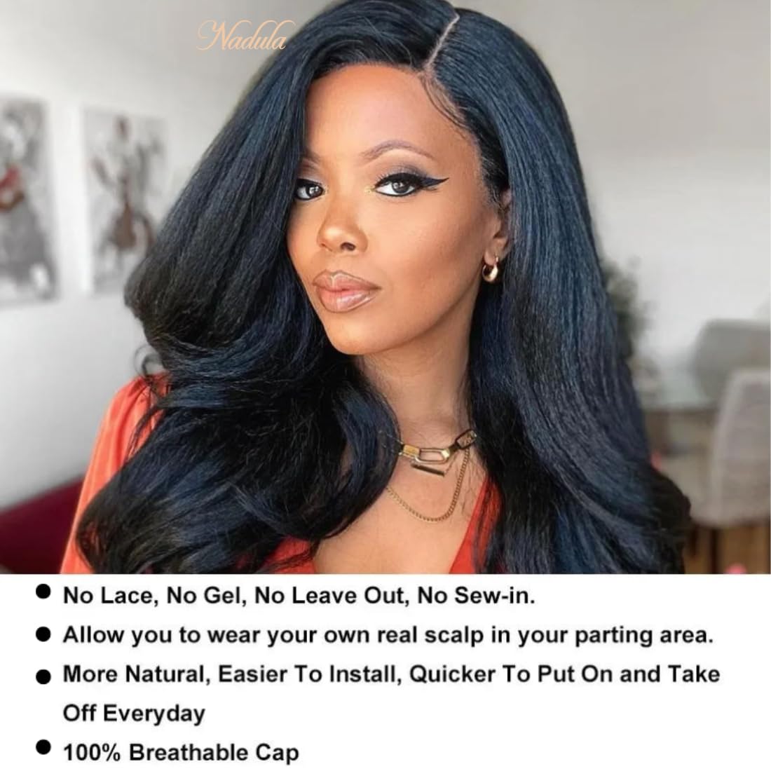 Nadula V Part Wig Yaki Straight Human Hair No Leave Out Glueless Upgraded U Part Wigs for Women,10A Yaki Straight V-part Wigs V Shape Clip in Half Wig Ready to Go 150% Density 16inch - Image 5