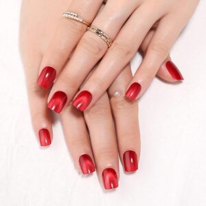 Red Press on Nails Short Square, Cat Eye Press on Nails, Fashion Gel Fake Nails, Reusable Acrylic Fake Nails, Glossy Stick on Nails for Women Girls Gift, Glue on Nails Kit, 24 Pcs, Ruby Flash