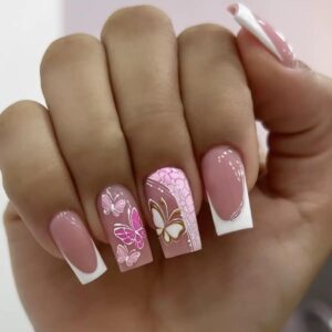 Press on Nails Medium Square Fake Nails White French Tip False Nails with Butterfly Design Glue on Nails Pink Marble Acrylic Nails Full Cover Stick on Nails for Women Manicure 24Pcs
