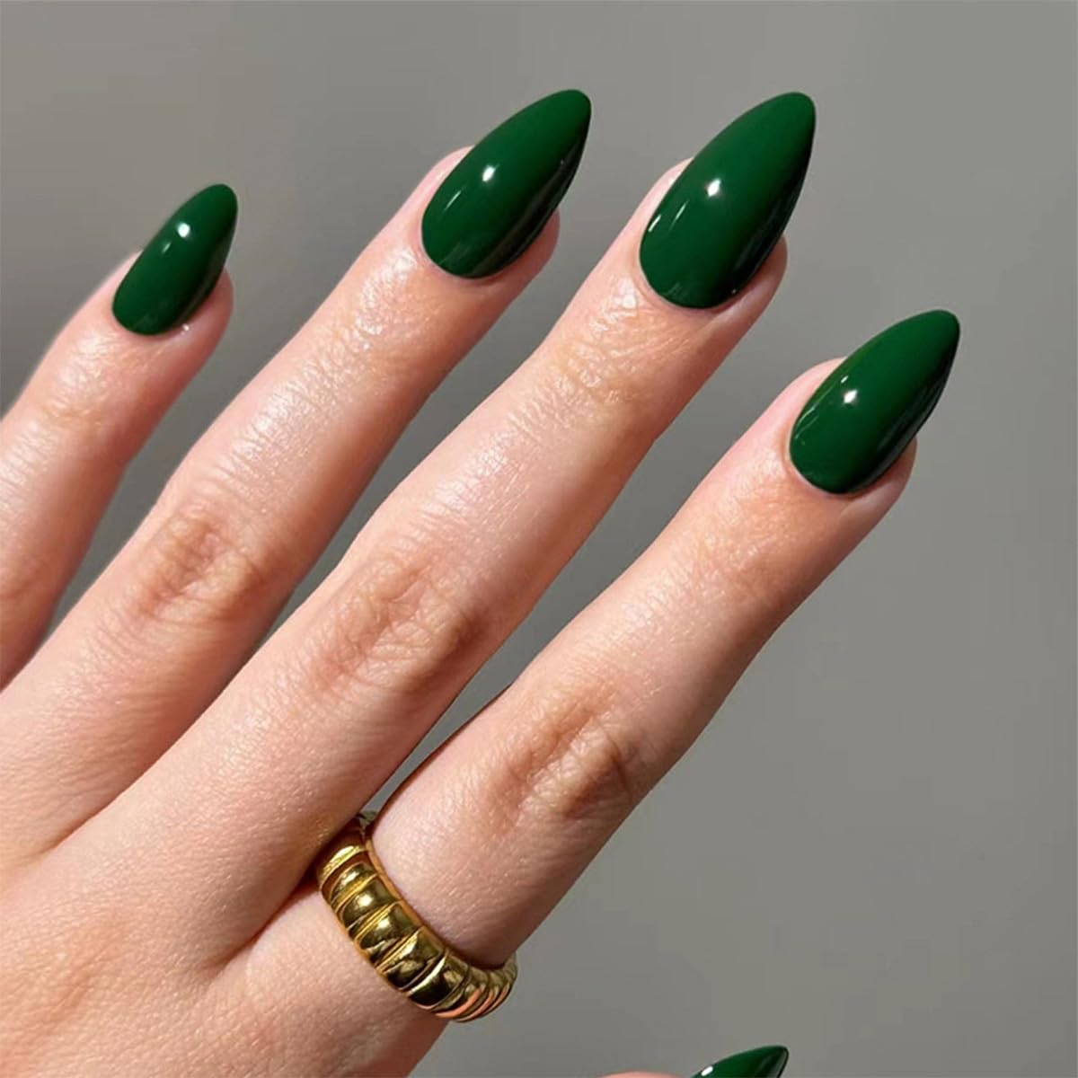 Green Press on Nails Short Almond Fake Nails Press ons False Nails with Designs Acrylic Glossy Full Cover Glue on Nails Press ons Cute Artificial Stick on Nails for Women Manicure 24 Pcs