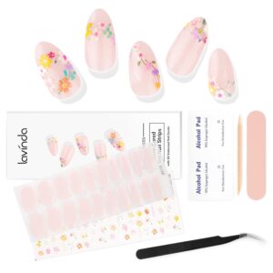 Lavinda Semi-Cured Gel Nail Strips – 20 Pcs UV Gel Nail Wraps with 5D Embossed Floral Nail Art Stickers, Self-Adhesive Nail Decals for Women, Includes Prep Kit & Tweezers