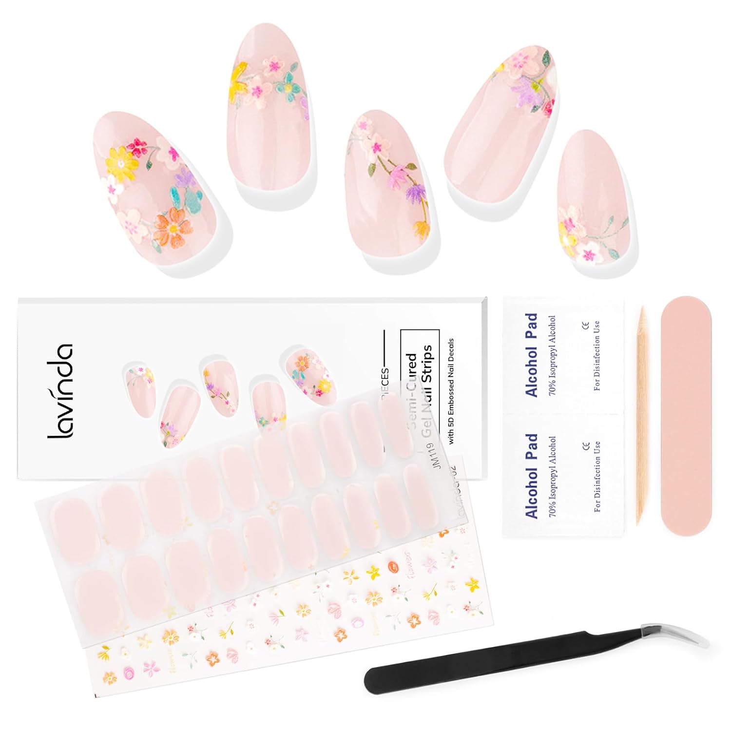 Lavinda Semi-Cured Gel Nail Strips – 20 Pcs UV Gel Nail Wraps with 5D Embossed Floral Nail Art Stickers, Self-Adhesive Nail Decals for Women, Includes Prep Kit & Tweezers