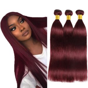 99j Burgundy Bundles Human Hair Straight Bundles Human Hair 28 30 32 Inch Brazilian Hair 3 Bundle Wine Red Unprocessed Virgin Remy Hair Extensions 50 Gram Per Bundle