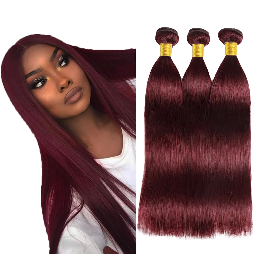 99j Burgundy Bundles Human Hair Straight Bundles Human Hair 28 30 32 Inch Brazilian Hair 3 Bundle Wine Red Unprocessed Virgin Remy Hair Extensions 50 Gram Per Bundle