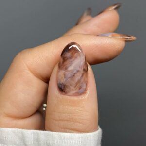 Almond Shape Press on Nails Short Oval Fake Nails Gray Marble Acrylic Nails Full Cover Blooming Gel False Nails Glossy Watercolor Halo Design Glue on Nails Reusable Stick on Nails for Women 24PCS