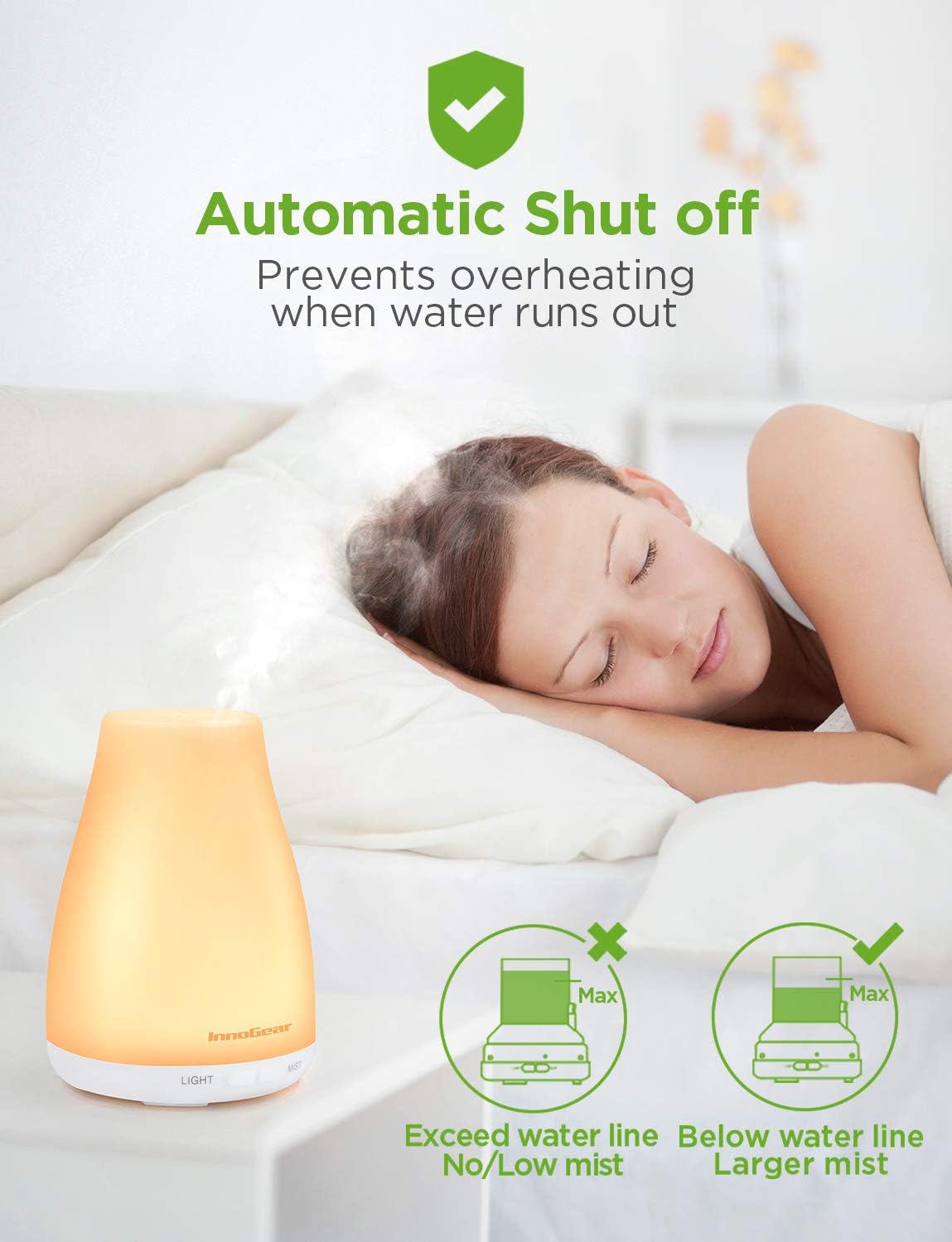 InnoGear Essential Oil Diffuser, Premium 5-in-1 Diffusers for Home Scent Aromatherapy Diffuser Air Desk Humidifier for Bedroom Large Room Office 7 Color LED 2 Mist Mode Waterless Auto Off, Basic White - Image 6