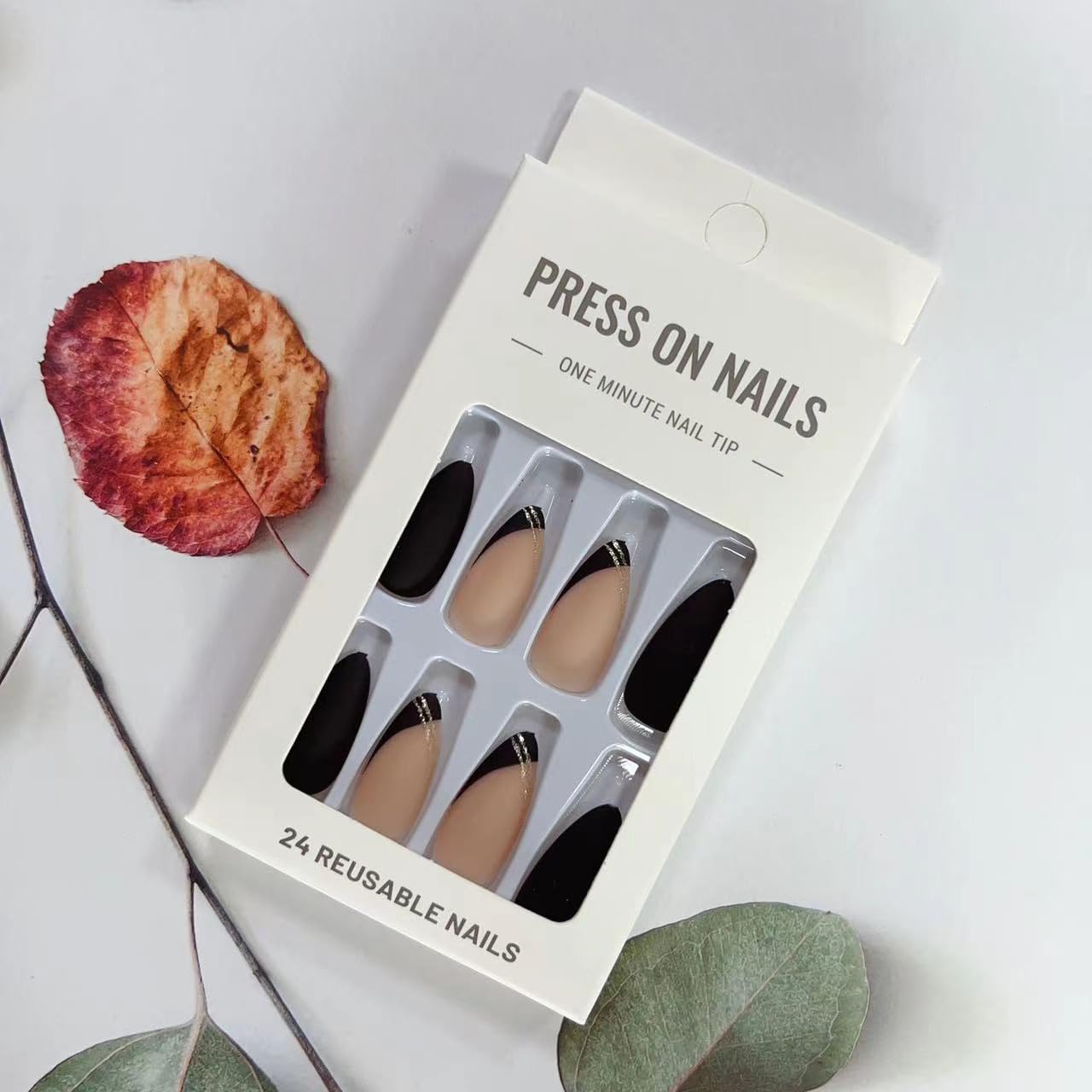 Fall Press on Nails Medium Fake Nails, LPOODDNU Winter Press on Nails Almond Shape False Nail Tips Black Nude Glue on Nails Cute Stick on Nails French Manicure Decorations for Women, 24Pcs - Image 6