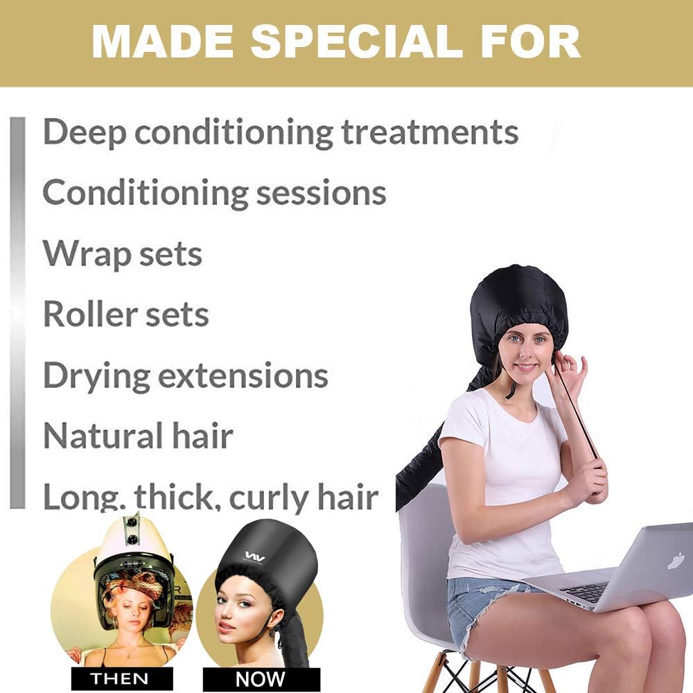 Bonnet Hood Hair Dryer Attachment Set - Soft Adjustable Hooded Bonnet for Hand Held Hair Dryer - Including Head Band for Drying Styling Curling Deep Conditioning - Image 4