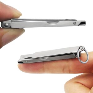 Ultra Thin Portable Fingernail Clipper Small Pocket Folding Nail Clippers, Wide Jaw Cutter with Keychain Curved Trimmer, Flip Open Brushed Finish (Small-Brushed)