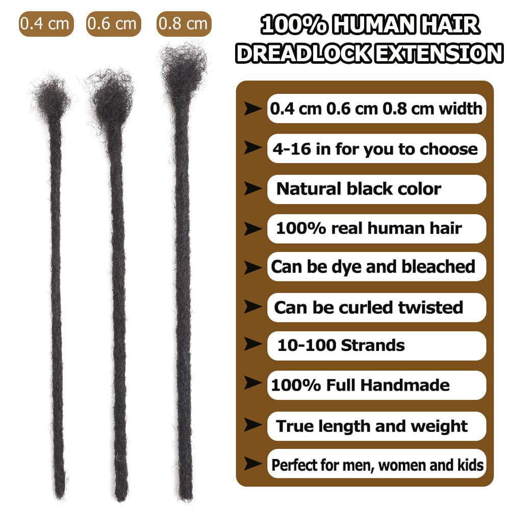 Dreadlock Extensions Human Hair 10-100 Strands 100% Full Handmade Permanent Loc Extension Human Hair for Women/Men/Kids Can Be Dyed Bleached Curled Twisted (0.6cm 1B, 6 inch 10 Strands) - Image 2
