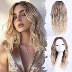 Medium Length Ombre Blonde Ash Wavy Wigs for Women 18 Inch Middle Part Wavy Blond Wig Natural Looking Dirty Blonde Synthetic Heat Resistant Fiber Dark Roots Wig for Daily Party Use (18 inch)
