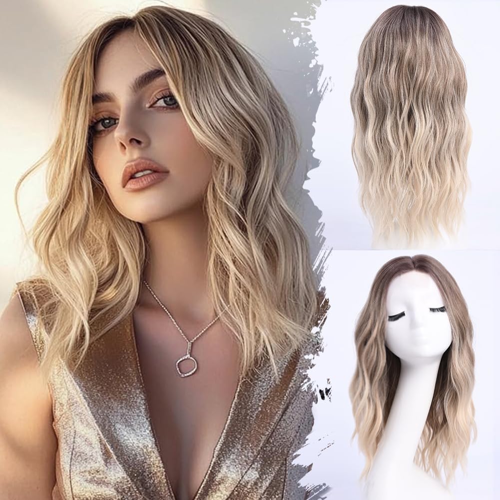 Medium Length Ombre Blonde Ash Wavy Wigs for Women 18 Inch Middle Part Wavy Blond Wig Natural Looking Dirty Blonde Synthetic Heat Resistant Fiber Dark Roots Wig for Daily Party Use (18 inch)