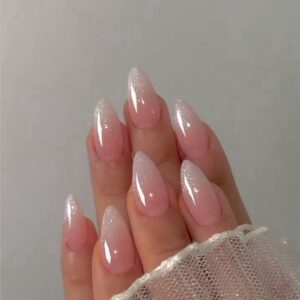 Glitter Ombre Pink Press on Nails Almond Shaped Nails Press ons, Medium Fake Nails Almond Acrylic Nails Glue on Nail Medium Length False Nail for Women Thick Natural Gel Stiletto 24Pcs