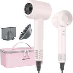 Hair Dryer for Women High Speed 1500W, warmmama Ionic Blow Dryer for Curly Hair Quiet Brushless Motor Fast Drying Thermo-Control, Travel Hair Dryers with Diffuser and Nozzle, Pink
