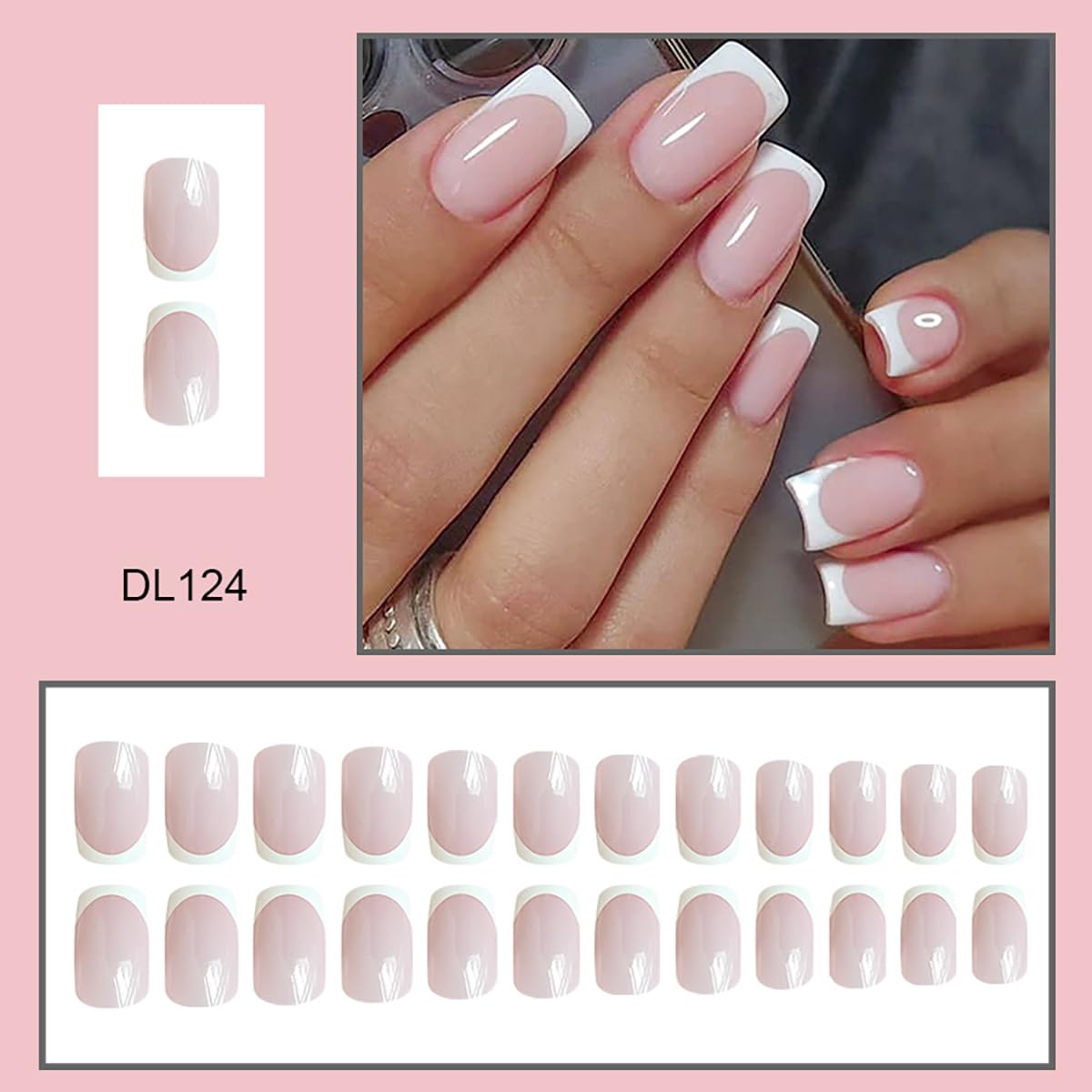 White French Tip Press on Nails Medium Square Fake Nails with Designs Nude Pink False Nails Glossy Full Cover Glue on Nails Cute Acrylic Stick on Nails for Women Manicure - Image 2