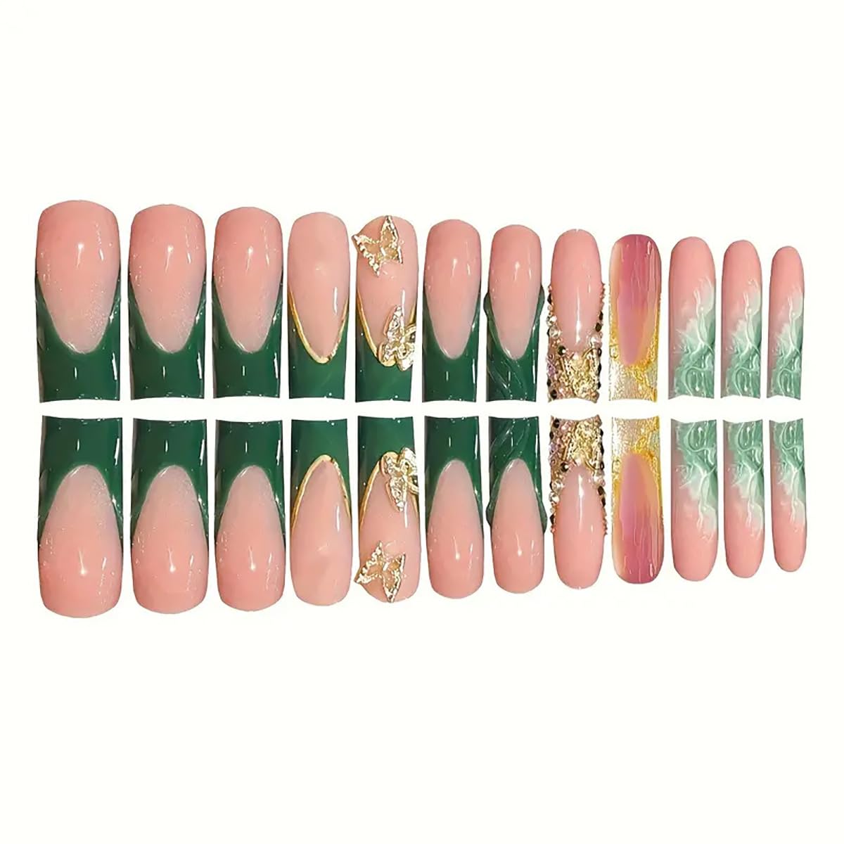 24Pcs Long Press on Nails Green French Tip Fake Nails with 3D Butterfly Nail Charms Rhinestones Glue on Nails Pink Acrylic Nails Handmade False Nails XL Press ons for Women Girls Nail Supplies - Image 6