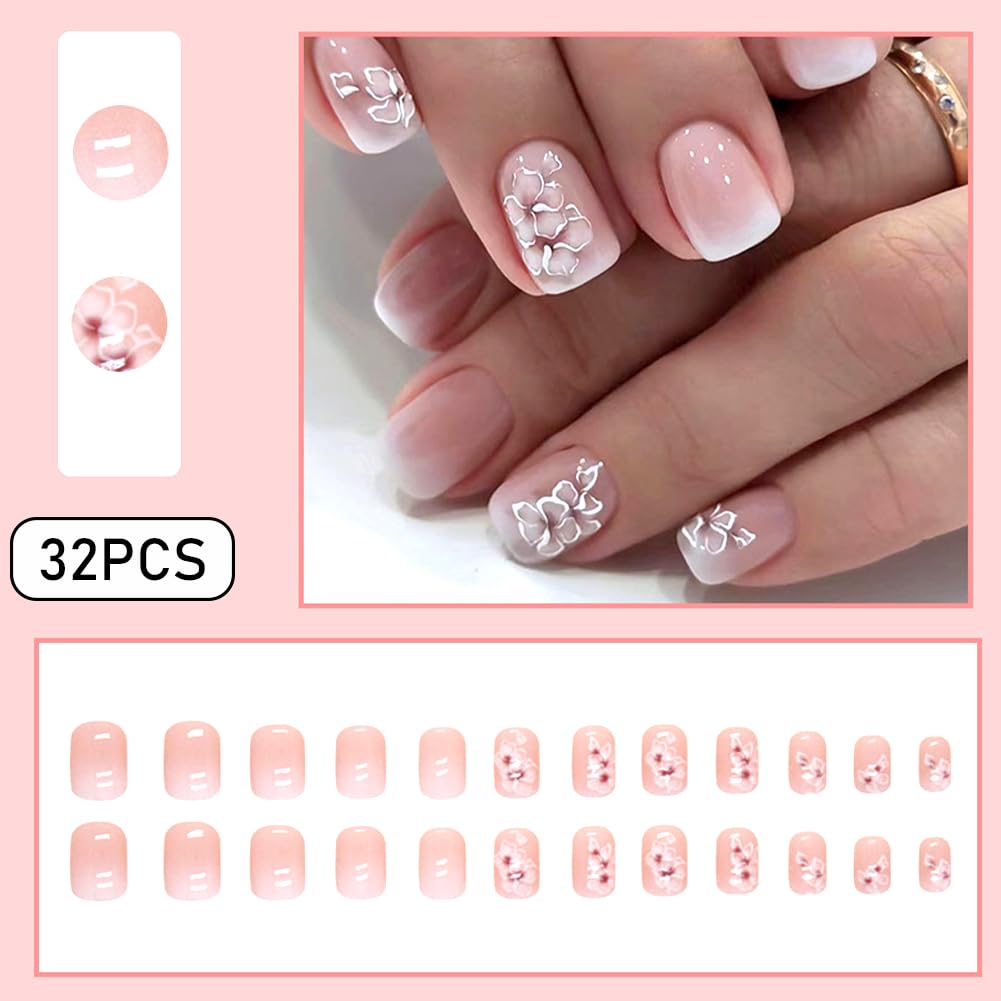 Acrylic Press on Nails Short Square Fake Nails White Ombre Glue on Nails Short False Nails with Flower Gloss Designs Nails Press on Artificial Nails Stick on Nails for Women 24Pcs - Image 2