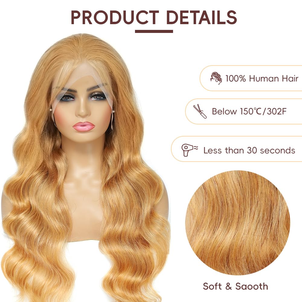Honey Blonde Wig Human Hair 200% Density 13x4 Blonde Wig Human Hair Body Wave Lace Front Wigs Human Hair Pre Plucked Colored 27# Lace Frontal Wigs 24 Inch - Image 2