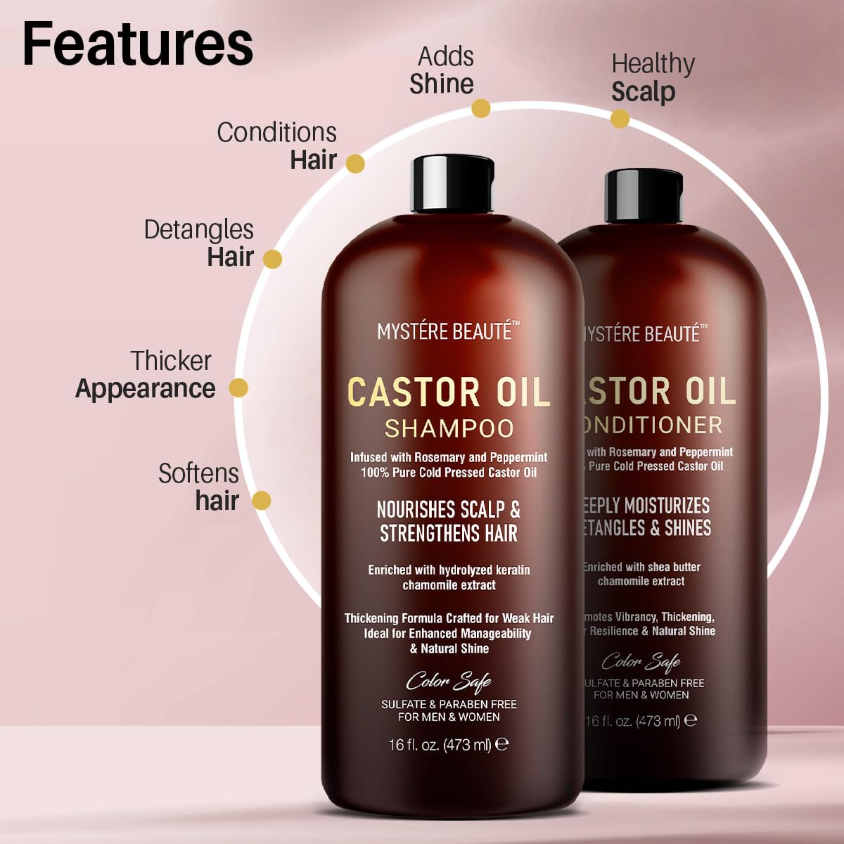 Castor Oil Shampoo and Conditioner - Sulfate Free with Peppermint Oil, Lavender and Rosemary - Castor Oil Shampoo for Hair Growth - Hydrating and Nourishing - 16 oz each - Image 2