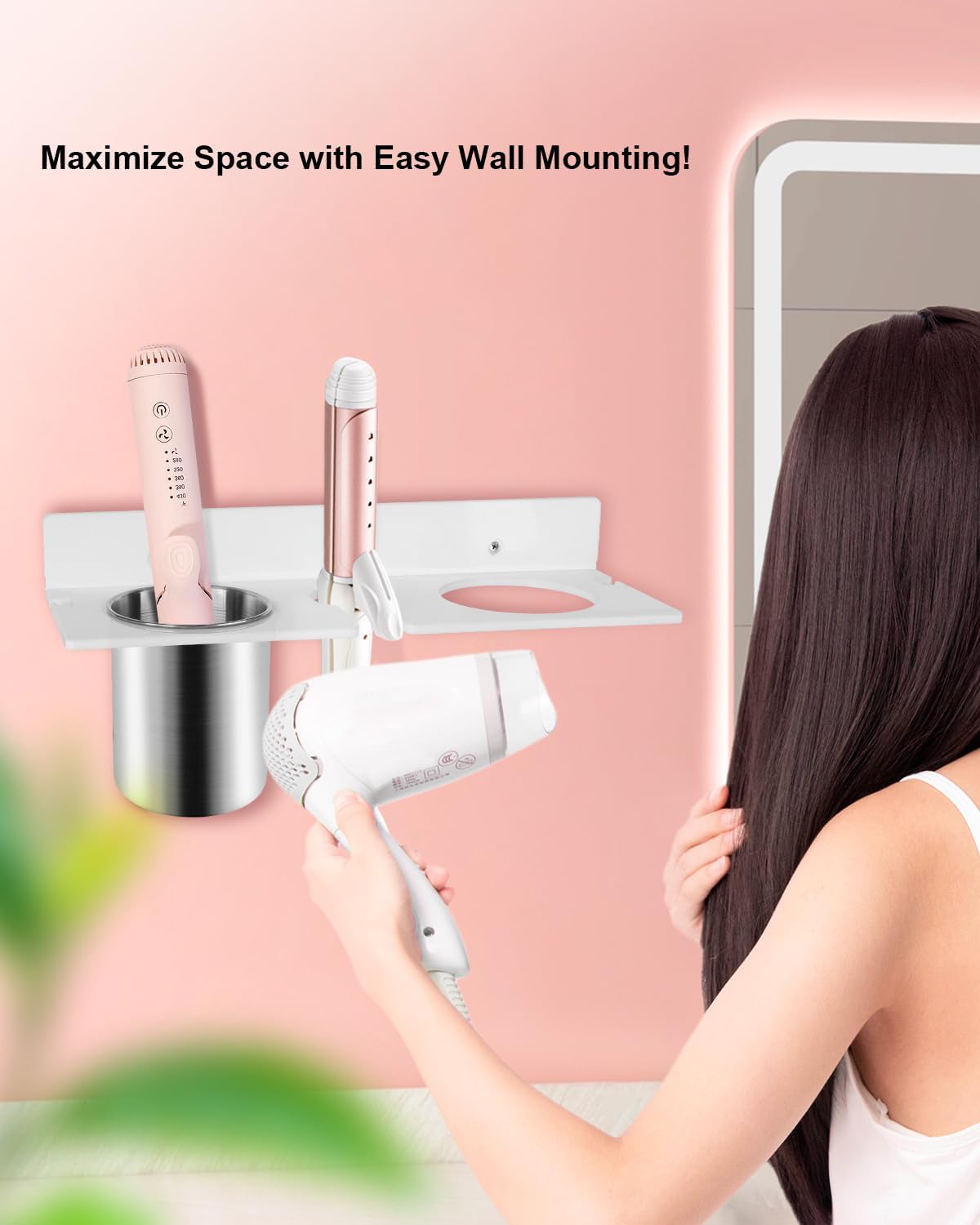 Hair Dryer Holder Wall Mount, Hair Tool Organizer with Heat-Resistant Steel Cups, Acrylic Blow Dryer Holder, Adhesive or Screw Mount for Bathroom Storage - Image 5