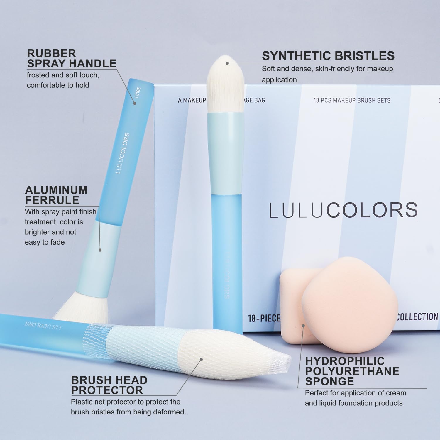 18-Piece Light Blue Professional Makeup Brush Set – Translucent Rubberized Handles, Soft Synthetic Bristles for Face & Eye Makeup – Includes Travel Bag & Sponges,Complete Brush Collection - Image 3