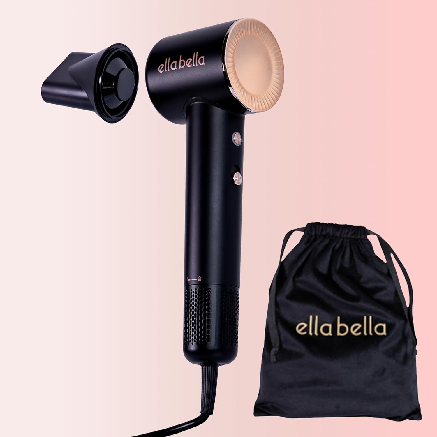 ELLA BELLA® Compact Plasma Hair Dryer, Advanced Plasma Technology Blow Dryer with Digital Display, Rapid Drying, Low Noise, & Luxury Velvet Travel Bag - Includes Diffuser & Nozzle- for All Hair Types - Image 7