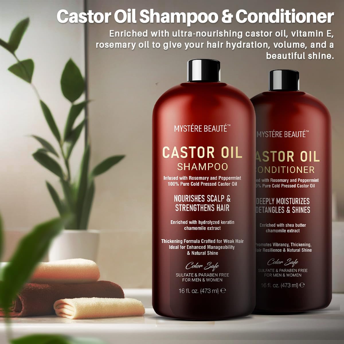 Castor Oil Shampoo and Conditioner - Sulfate Free with Peppermint Oil, Lavender and Rosemary - Castor Oil Shampoo for Hair Growth - Hydrating and Nourishing - 16 oz each - Image 6