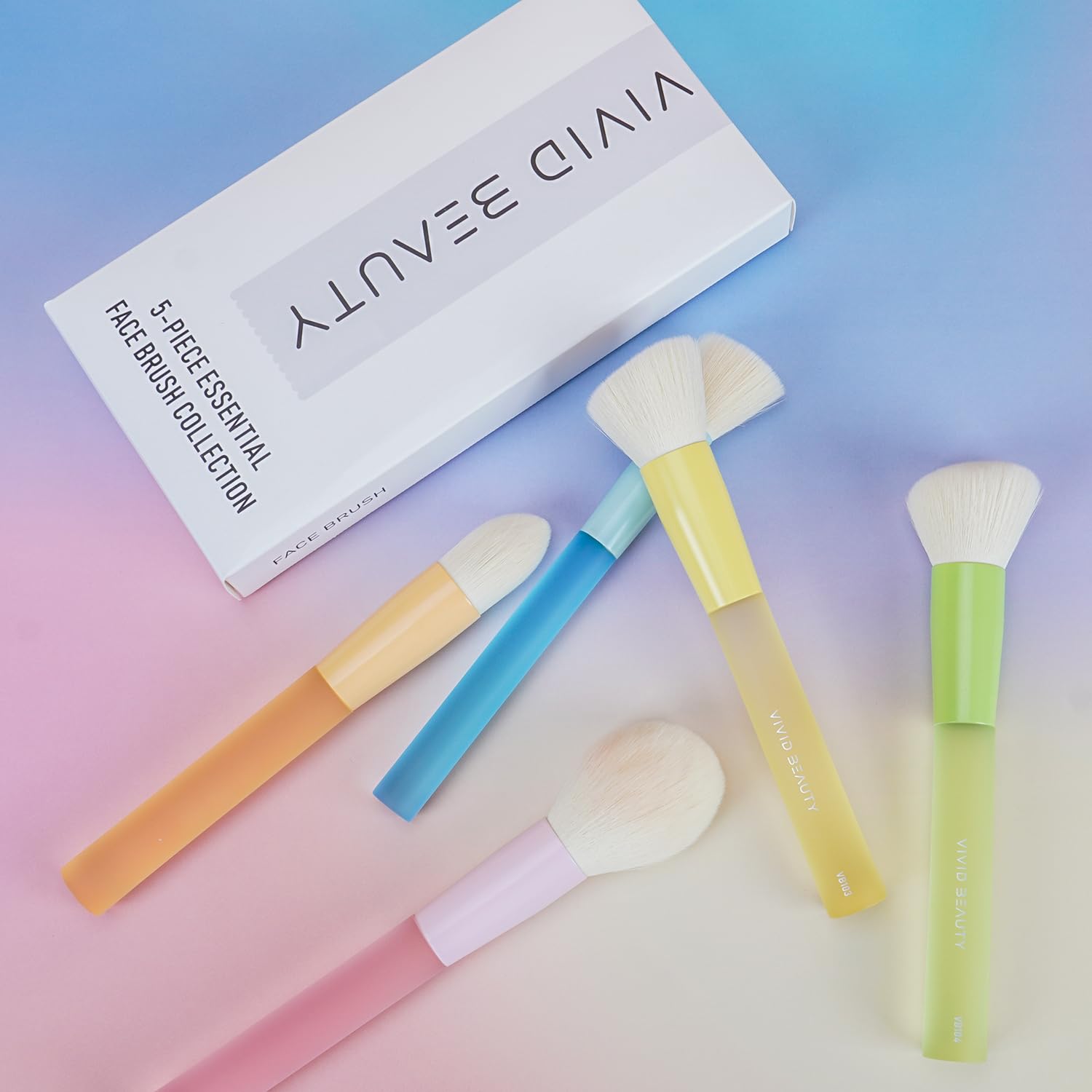 5pcs Multi Color Face Makeup Brush set – Powder, Kabuki, Angled Fluff, Blush Brushes with Vegan Bristles That Mimic Natural Wool – Non-Slip Rubber Handles – Perfect for Contouring, Setting, Blending - Image 2