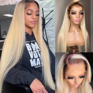 Ombre Blonde Lace Front Human Hair Wig 150% Density 1B613 for Women 13x4 HD Undetectable Melted Lace Frontal Wigs 20Inch Ombre Blonde with Dark Roots Straight Pre Plucked Bleached Knots Wigs