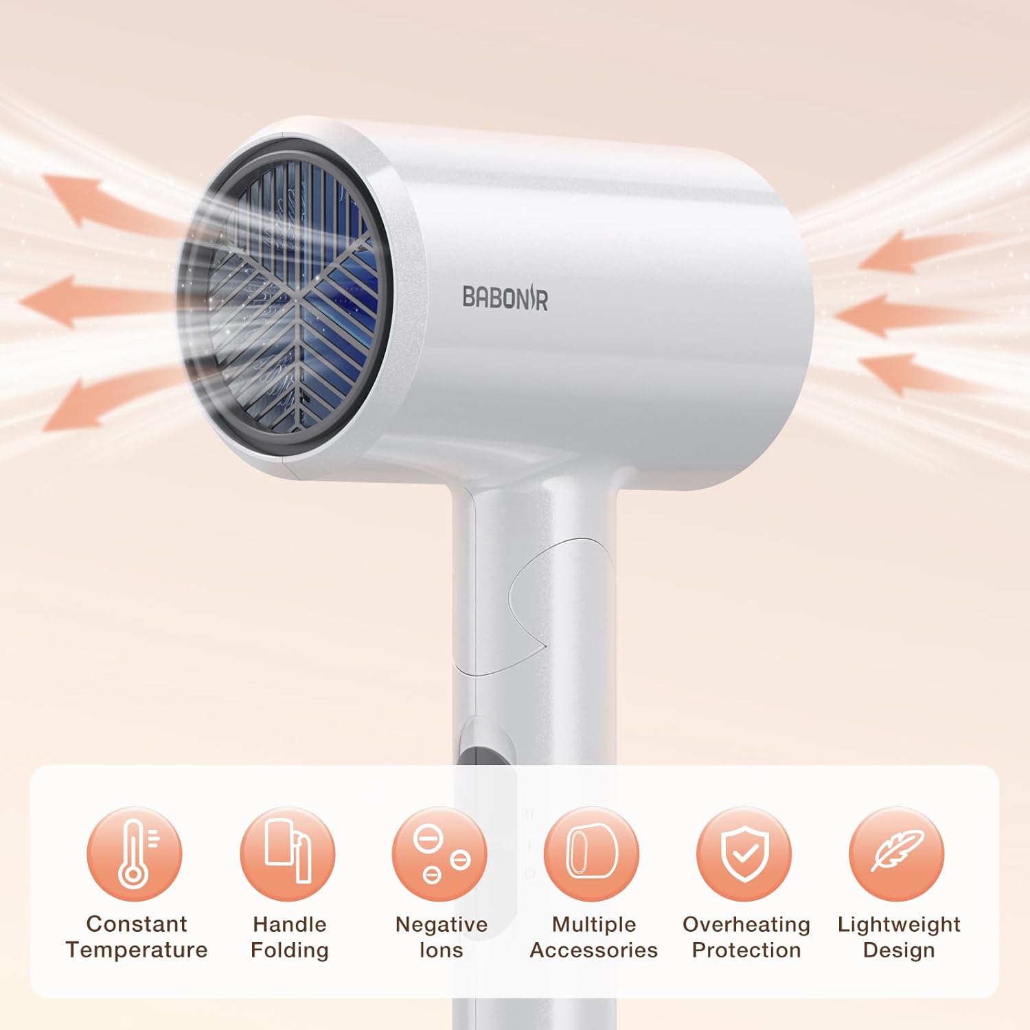 Blow Dryer with Diffuser, 1875W Fast-Drying, Foldable, Ionic Turbo Hair Dryer with Diffuser & Concentrator Nozzle, Compact, 3 Heat & 2 Speed Settings, 8FT Cord for Home Salon, White - Image 4