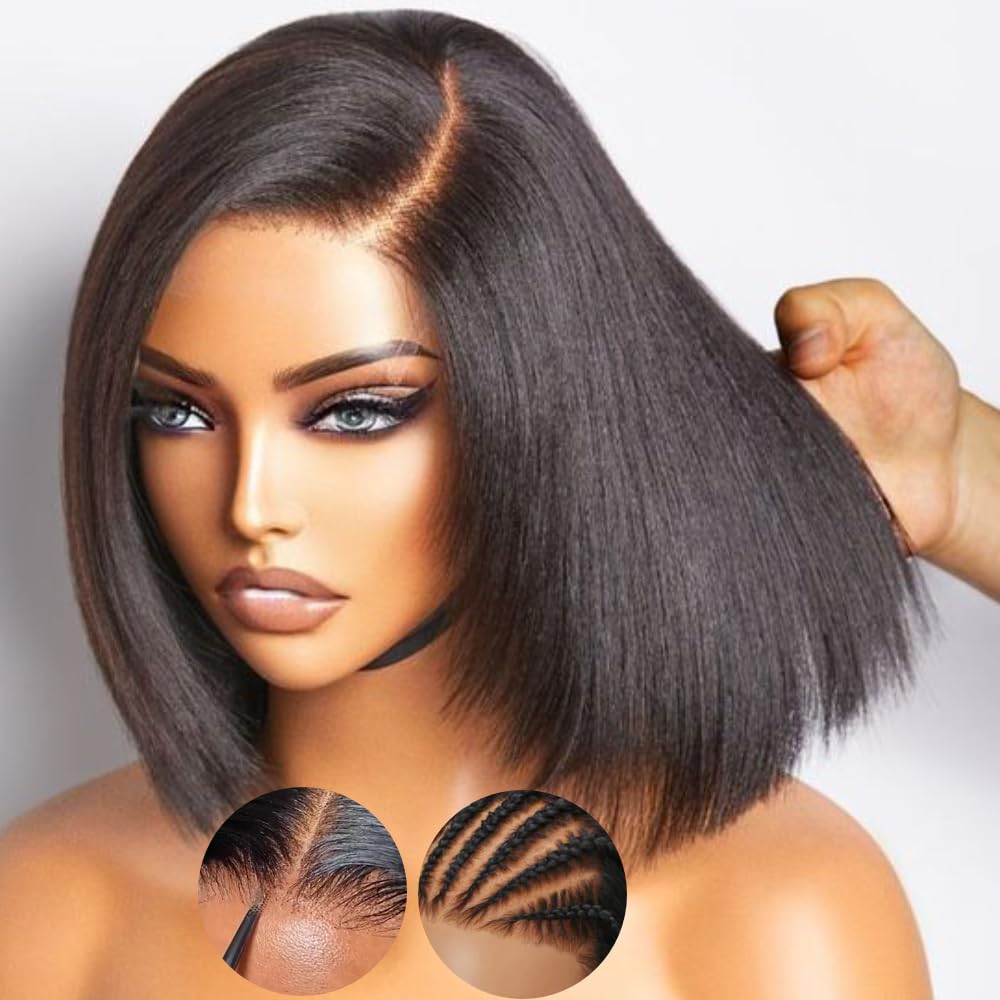 KLAIYI Yaki Straight Bob Wig Bye Bye Knots Glueless Pre Everything 13x4 Lace Frontal Wigs Human Hair Pre Cut Pre Plucked Pre Bleached Put On and Go Wigs for Beginners 30S Easy to Wear Kinky Wig 14Inch