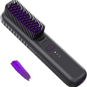 Cordless Hair Straightener Brush, Portable Mini Straightening Brush for Travel, Negative Ion Hot Comb Hair Straightener for Women, Light Purple