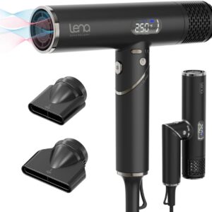 LENA Travel Hair Dryer Powerful Blow Dryer | Ionic Foldable Hairdryer | Lightweight & Fast Drying with High-Speed Brushless Motor, Ion Tech., LED Display, Magnetic Nozzles | Protects Hair as You Dry
