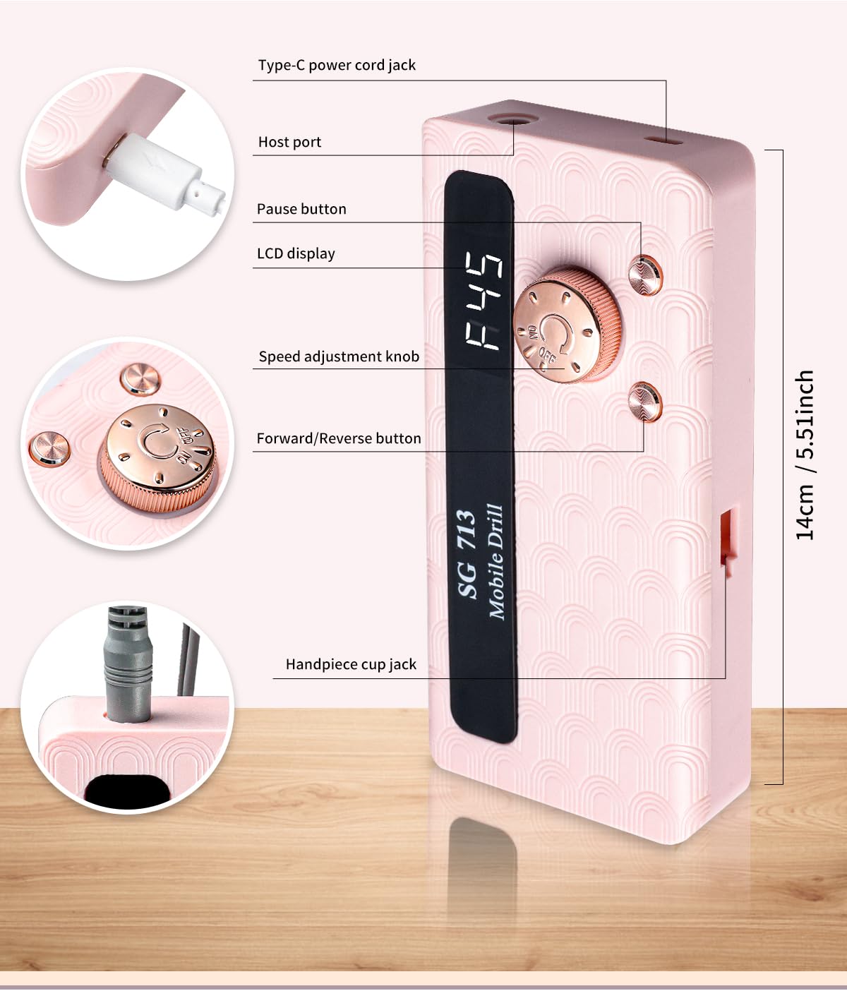 Electric Nail File Professional Kit - 45000RPM Portable Nail Drill Electric File with 11 Bits & Base丨LED Screen丨Ultra-Silent, Rechargeable Nail Drills Machine for Acrylic Nails Gel Polishing (Pink) - Image 5