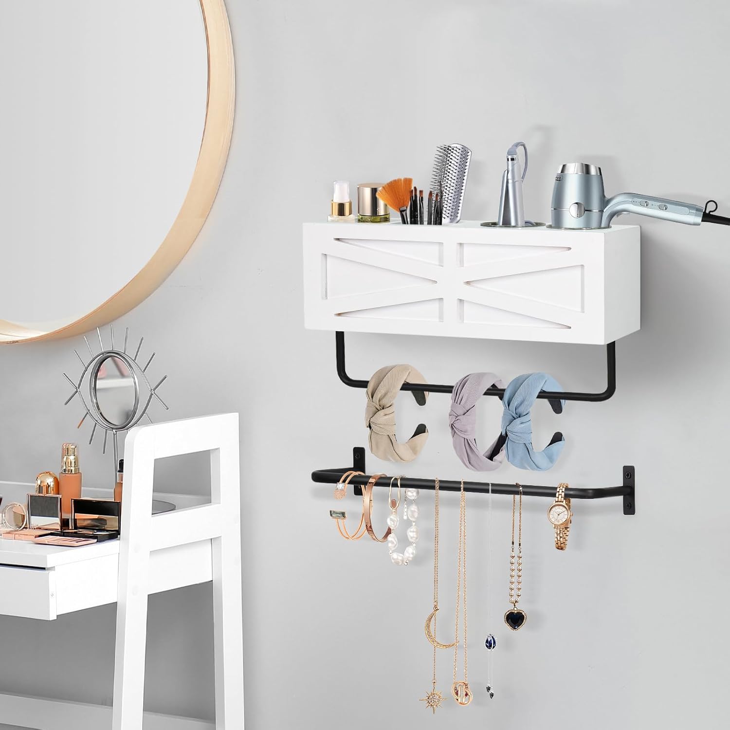 Hair Dryer Holder Wall Mount, Wood Hair Tool Organizer, White Hot Tools Organizer with 2 Towel Bars, Rustic Bathroom Organizer Blow Dryer Holder for Bathroom Decor, Flat Iron, Curling Wand, Brushes - Image 5