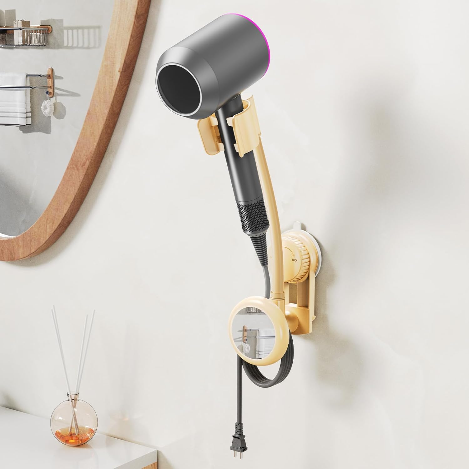 Hands-Free Hair Dryer Holder Wall Mounted with 360° Adjustable Hose, Suction Cup Installation, Built-in Mirror, and Cord Organizer for Blow Dryer, Curling Iron, No Drilling Required - Image 18