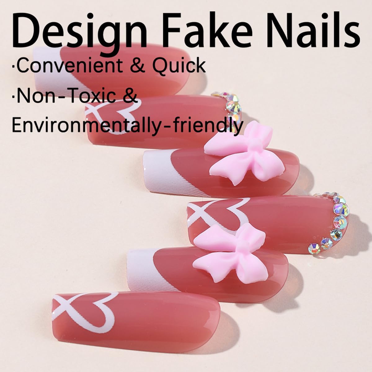 French Tip Press on Nails with Charms Medium Fake Nails White French Nails Press ons Cute Bow Stick on Nails Long Square Shape Acrylic Nails Heart Nails Rhinestones Nails for Women Daily Wear - Image 3