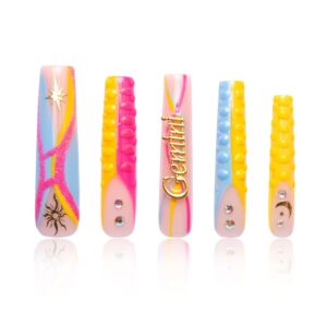 Press on Nails Gemini Blue French Tip Curve | Handmade with Full Covered Crystals | Reusable Fake Nails | Square Long 2.2 in | H172-S