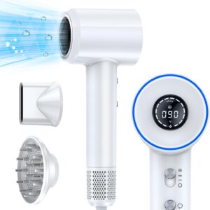Hair Dryer, Negative Ionic Hair Dryer with Diffuser and Nozzle, 150000 RPM High Speed Hairdryer for Fast Drying, 3 Speeds 5 Temps with HD Display, Blow Dryer for Home Salon-Bright White