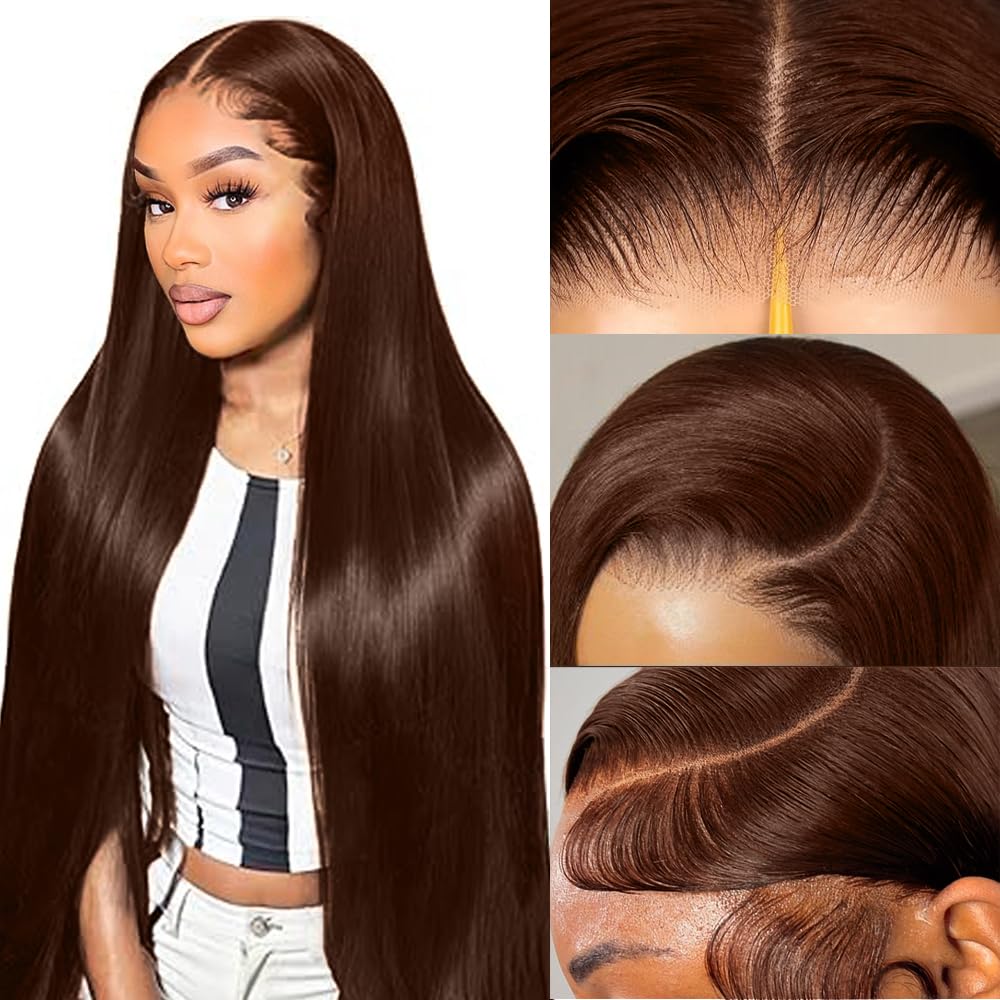 Chocolate Brown Lace Front Wigs Human Hair Pre Plucked Dark Brown Wear And Go Glueless Wig 9x6 Straight Wigs Human Hair 220% Density Colored #4 Brown Glueless Wig Hd Lace Frontal Wigs For Women 24Inch - Image 2