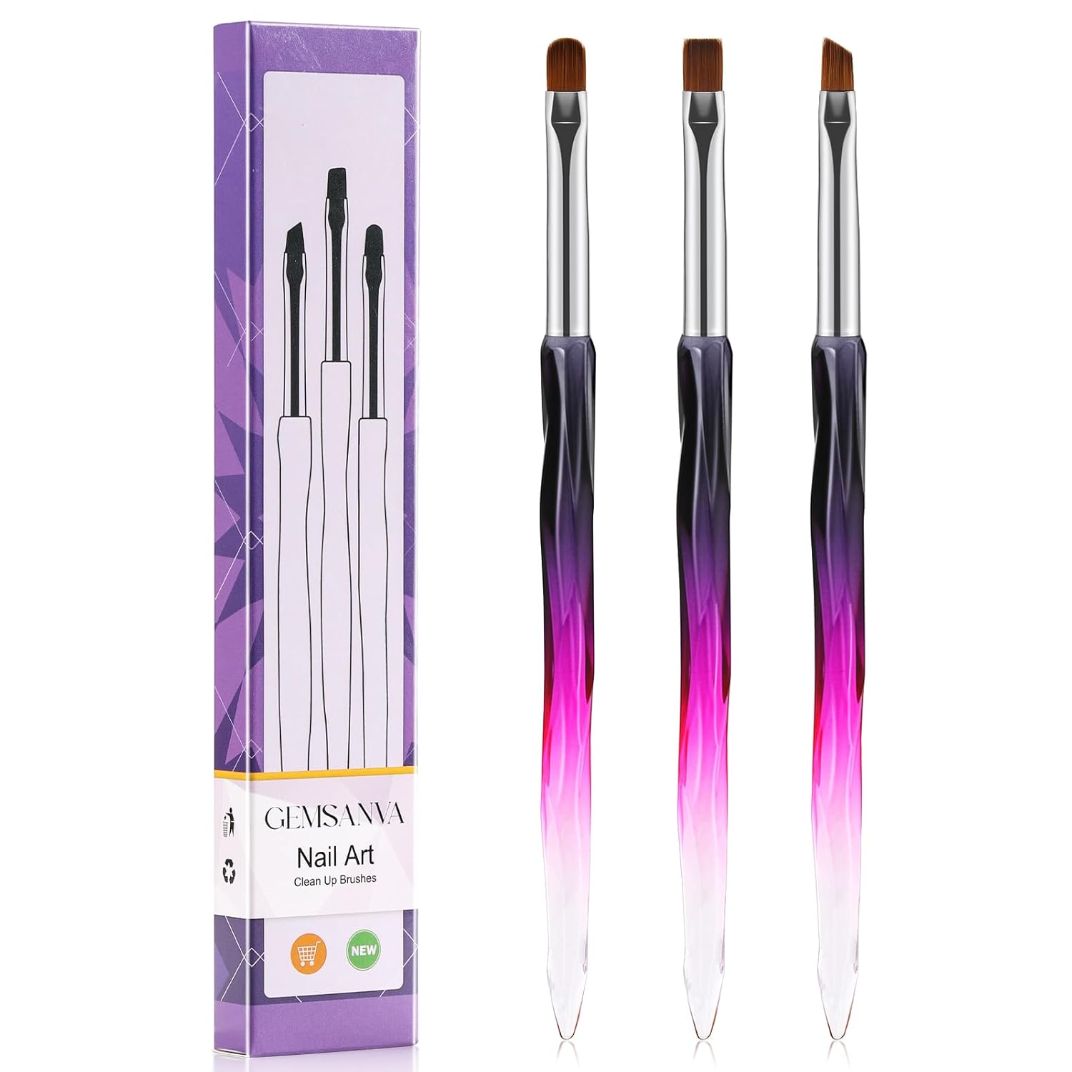 Nail Art Clean Up Brushes,3PCS Nail Brush For Cleaning Polish Mistakes on the Cuticles,Flat/Oval/Fine Angled Gel Nail Brushes For Nail Art Design Painting and DIY Tools (BLACK PURPLE)