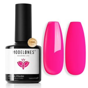 Modelones Gel Nail Polish, 15 ML Hot Pink Bright Nail Polish Soak Off Led Neon Pink Summer Polish Nail Art Design Coachella Music Festival LGBT Salon DIY Gel Manicure for Women Girl