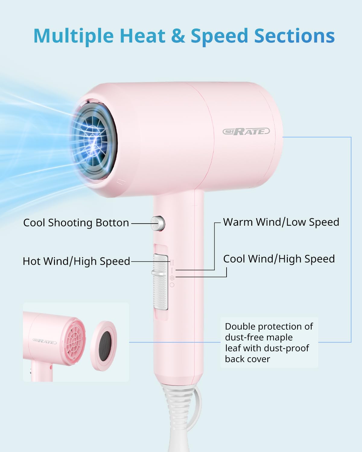 SHRATE Lightweight Ionic Hair Dryer with Diffuser - Powerful 1800W Blow Dryer for Fast Drying - Professional Low Noise Mini Hair Dryer for Travel, Gifts, Hair Styling - Image 7