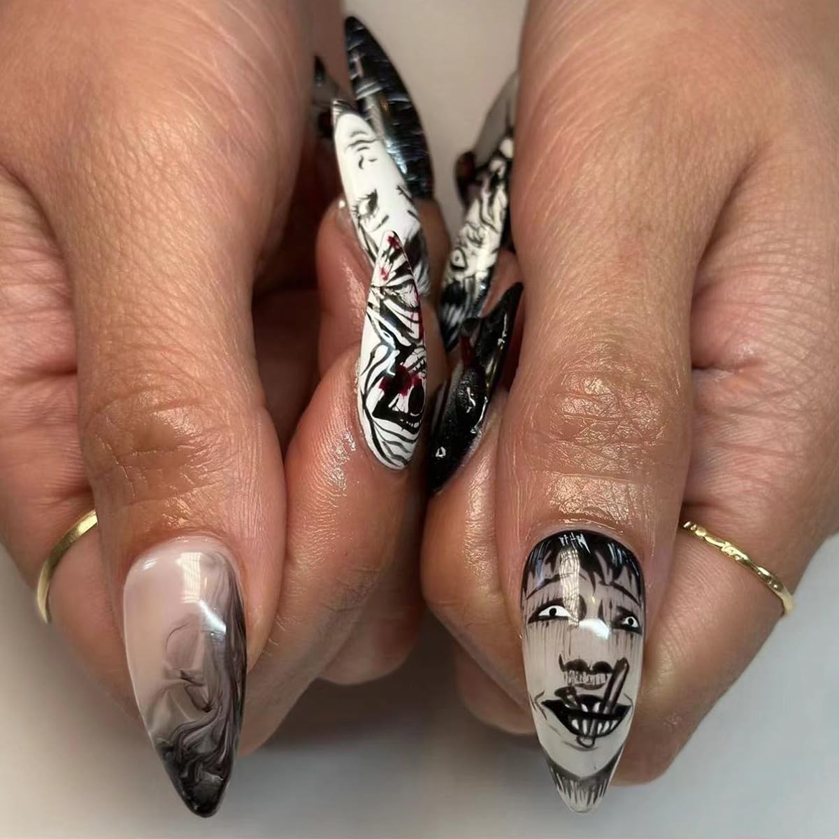 24Pcs Gothic Press on Nails Medium Almond Fake Nails Punk Cartoon Anime Design Black White Full Cover Glue on Nails Horror Gothic Designs French False Nails for Women Girls Acrylic Manicure Decor - Image 2